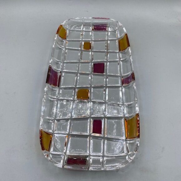 Glass Chancy Dish Clear Light Offsight Amber Checkerboard Designed 11 X 5 - Picture 1 of 2